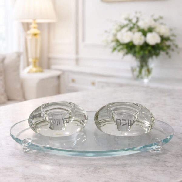 זוג פמוטי שבת קודש עם מגש תואם זכוכית קריסטל